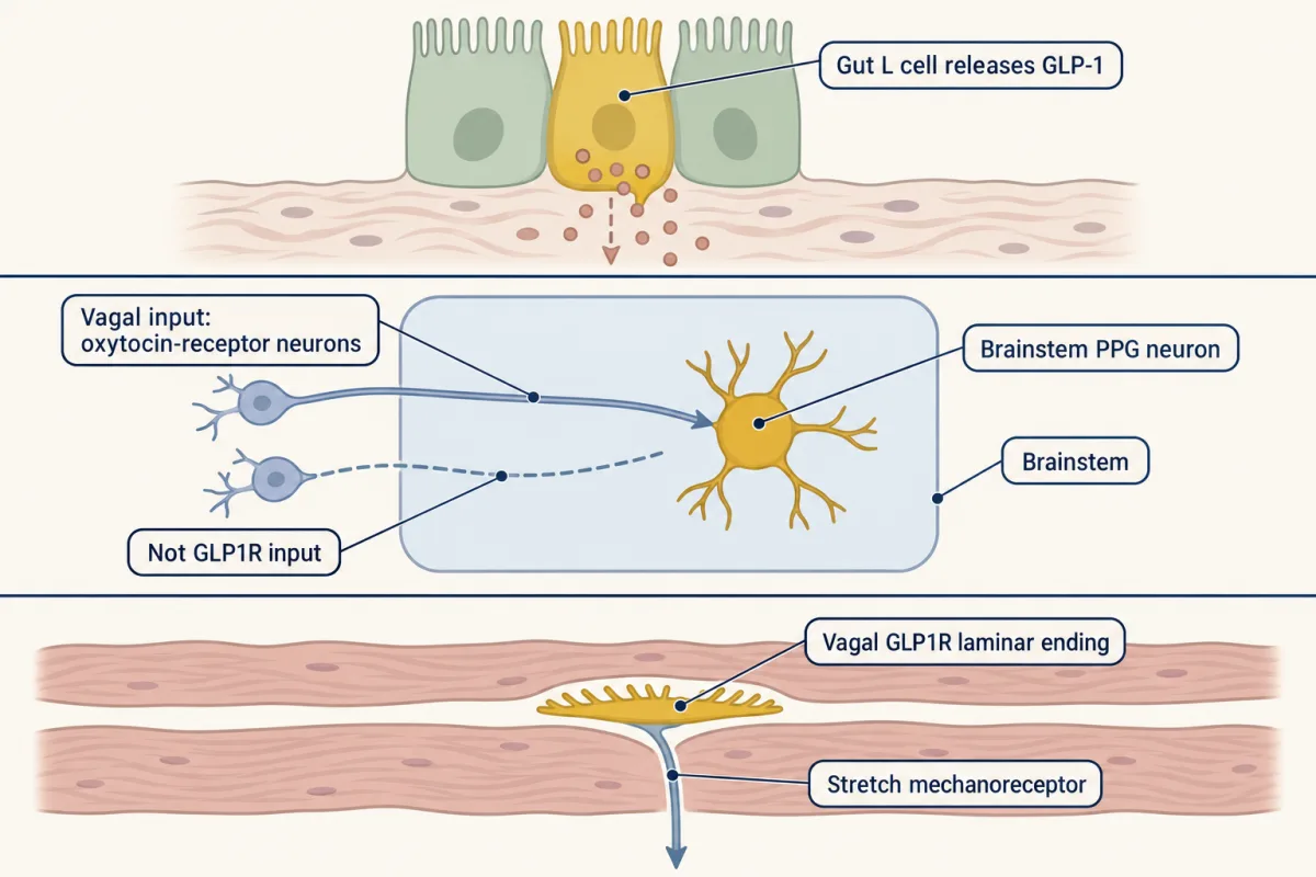 AI-generated illustration: three separate lanes. Lane one, gut L cells release GLP-1 into the tissue after nutrients. Lane two, a brainstem preproglucagon neuron receives vagal input mainly from oxytocin-receptor neurons, not GLP-1-receptor neurons. Lane three, a vagal GLP1R neuron with a laminar ending between two gut muscle layers acts as a stretch mechanoreceptor.