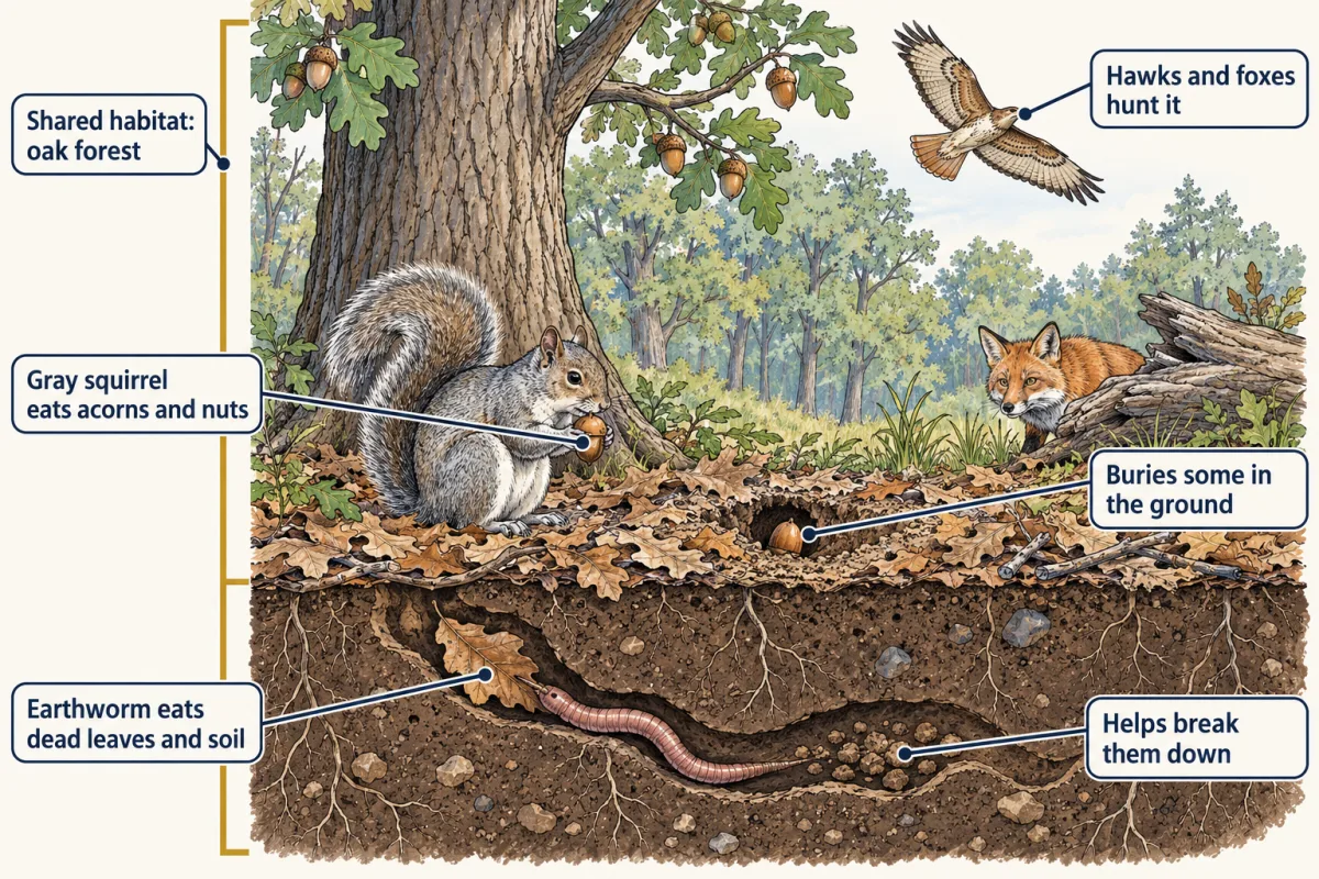 AI-generated illustration: a cutaway of an oak forest. Above ground a gray squirrel holds an acorn beside a small hole while a hawk soars overhead and a fox watches from behind a log; below ground an earthworm pulls a dead leaf into its burrow. A gold bracket spans the whole scene.