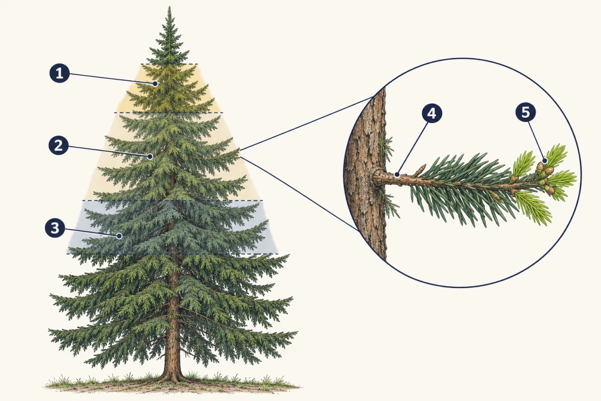 AI-generated illustration: a tall spruce tree with three pale shaded bands across its crown from the treetop down, numbered 1 to 3, and a circular zoom of one branch showing a bare base by the trunk and light-green new tips with buds at the far end, numbered 4 and 5.
