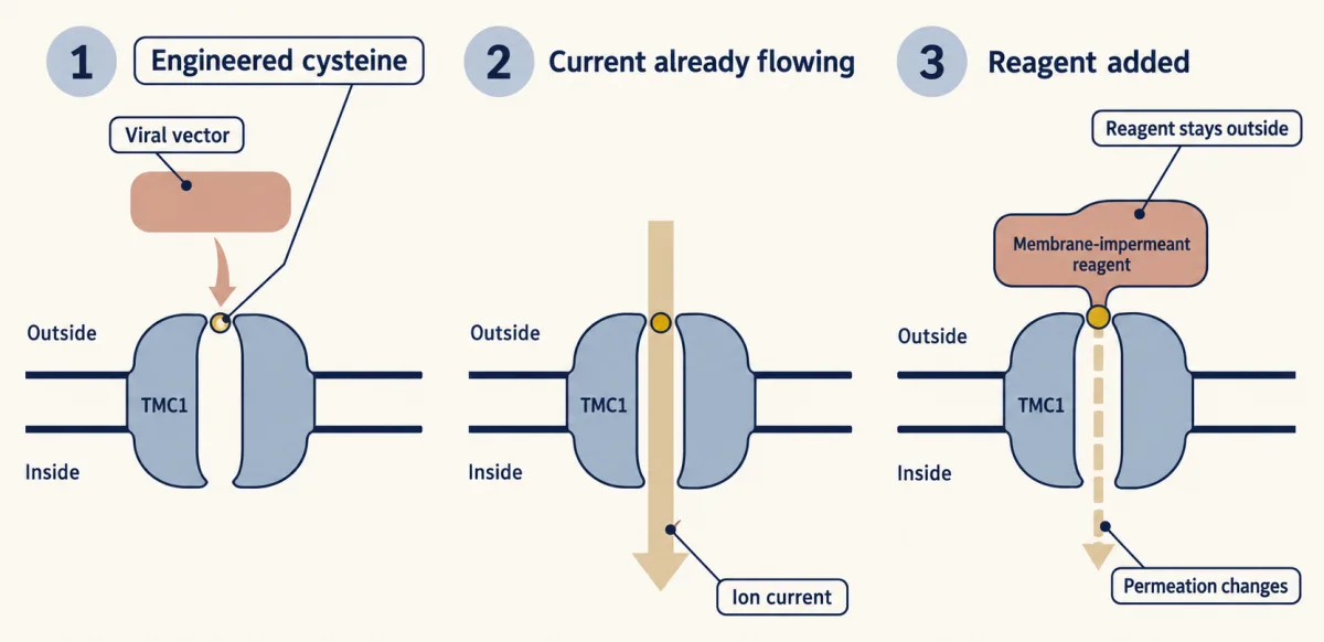 AI-generated illustration: a three-step strip. A TMC1 block in a membrane carries an engineered cysteine, a current already flows through it, and a reagent attached outside to the cysteine narrows the current.