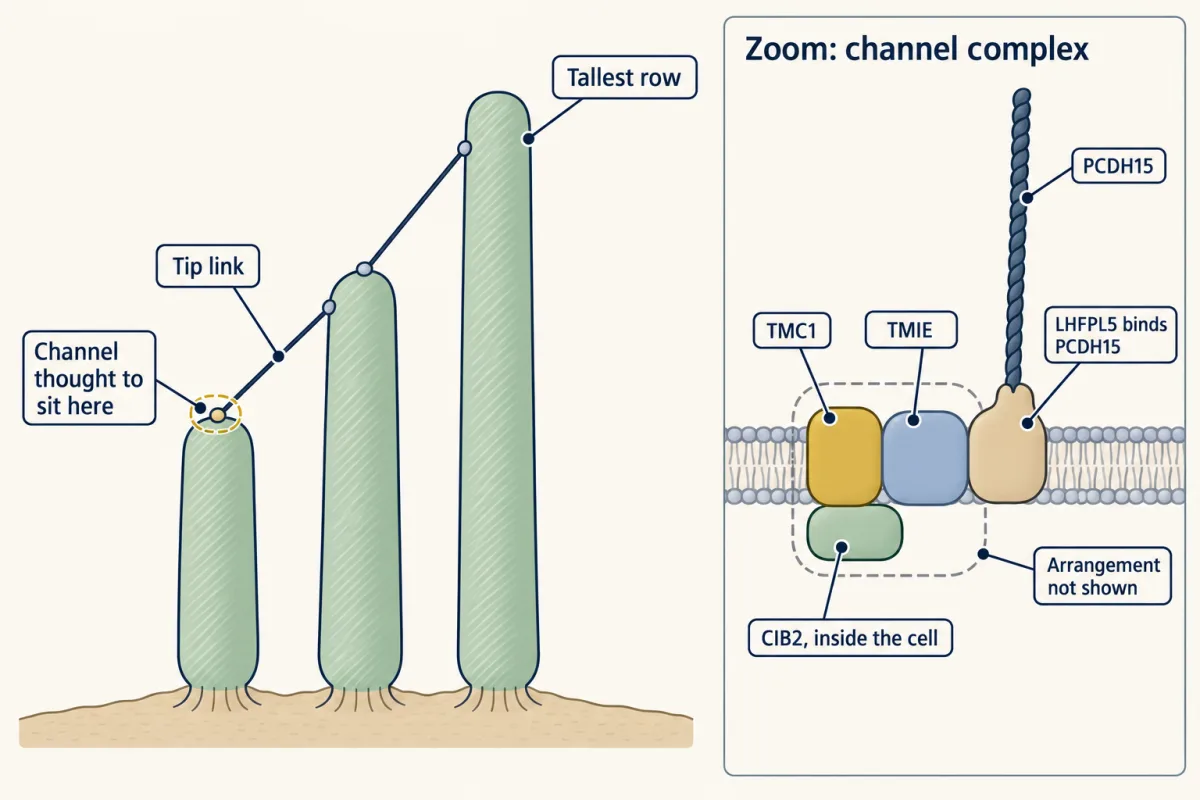 AI-generated illustration: a side view of three rows of stereocilia, tallest at right, with one tip link running from the tip of a shorter stereocilium up to its taller neighbour and a dashed gold oval marking where the channel is thought to sit. An inset zooms in on a membrane with TMC1, TMIE, LHFPL5 next to the tip-link protein PCDH15, and CIB2 inside the cell, outlined as an arrangement that is not shown.