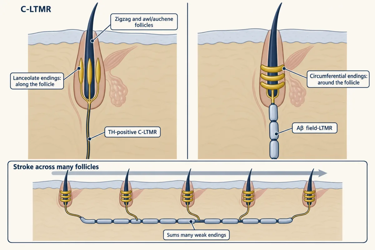 AI-generated illustration: two skin blocks side by side. On the left a thin unsheathed C-LTMR axon ends in gold terminals running lengthwise along a hair follicle; on the right a thick myelinated Aβ field-LTMR axon ends in gold rings wrapped around a follicle. An inset shows one axon branching to a ring ending on each of five follicles while a broad arrow strokes across the hairs.
