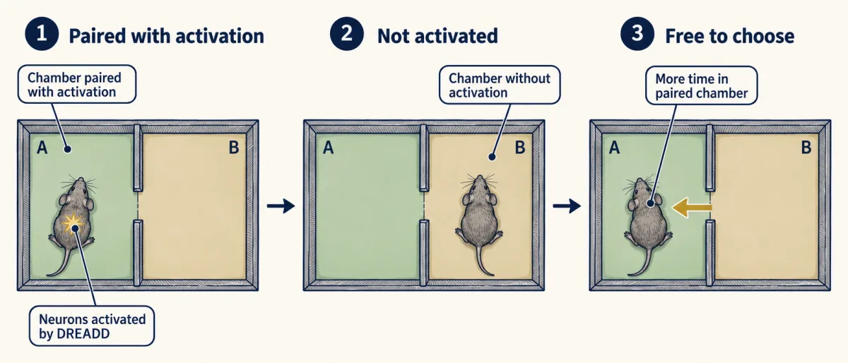 AI-generated illustration: three panels of a two-chamber box seen from above. A mouse is first placed in one chamber while its MrgprB4 neurons are activated, then in the other chamber without activation, then left free and found in the chamber paired with activation.