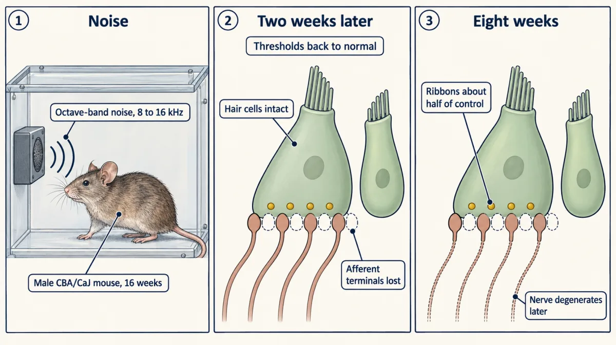 AI-generated illustration: three-step strip. A mouse in a chamber with a speaker playing noise; two weeks later an intact inner hair cell with half of its nerve-ending slots empty; eight weeks later the same cell with the remaining nerve fibres drawn thin and dashed.