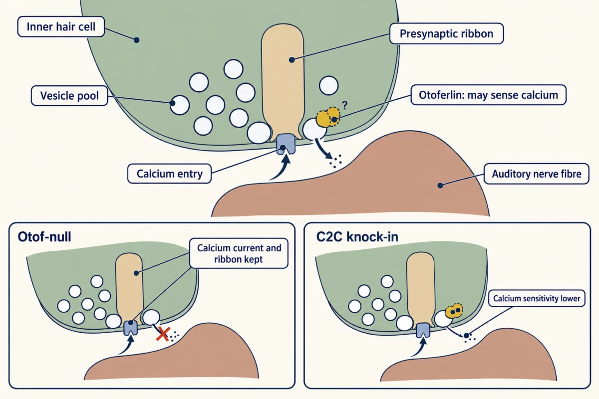 AI-generated illustration: a flat schematic of an inner hair cell ribbon synapse with an upright ribbon, a cluster of vesicles, a calcium channel, a dashed gold block for otoferlin with a question mark, and a nerve ending across a gap. Two insets compare the Otof-null mouse, with no otoferlin, and the C2C knock-in, with otoferlin present but binding calcium less.