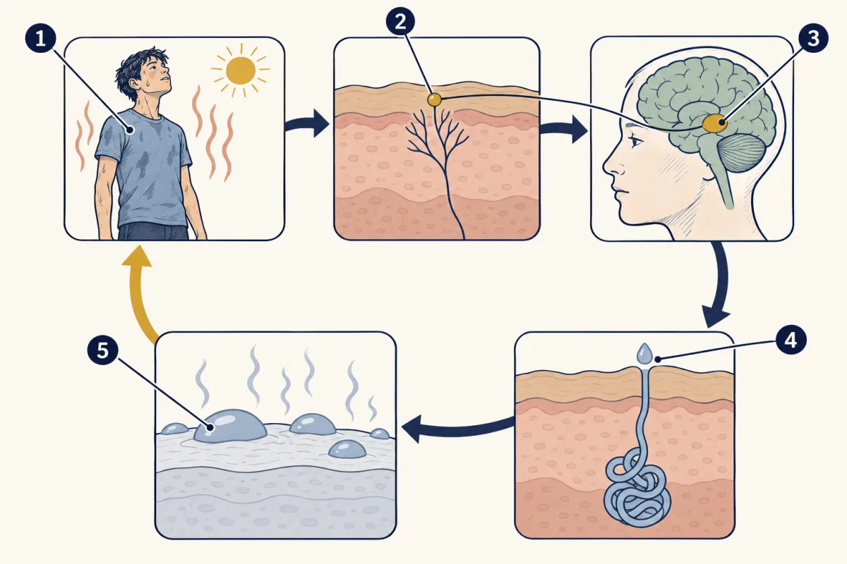 AI-generated illustration: five picture tiles arranged in a clockwise loop around a ring: a person warming in the sun, a cut-away of skin with a sensor, a head with the brain marked, a cut-away of skin with a coiled sweat gland, and sweat drops evaporating from skin; a gold arrow returns from the last tile to the first. Five numbered circles mark the stations for the student to name.