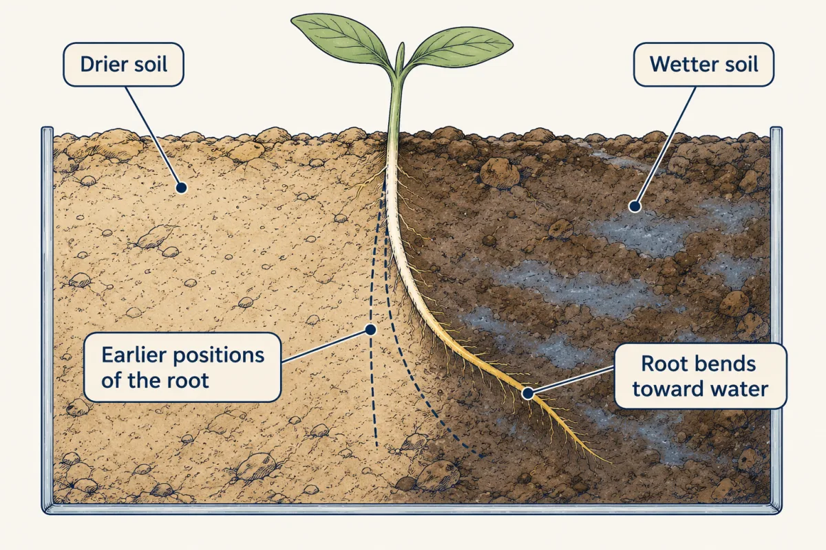 AI-generated illustration: a cut-away of soil that is dry on the left and wet on the right, with a seedling whose root grows down and curves toward the wet side; faint dashed outlines show the root's earlier positions.