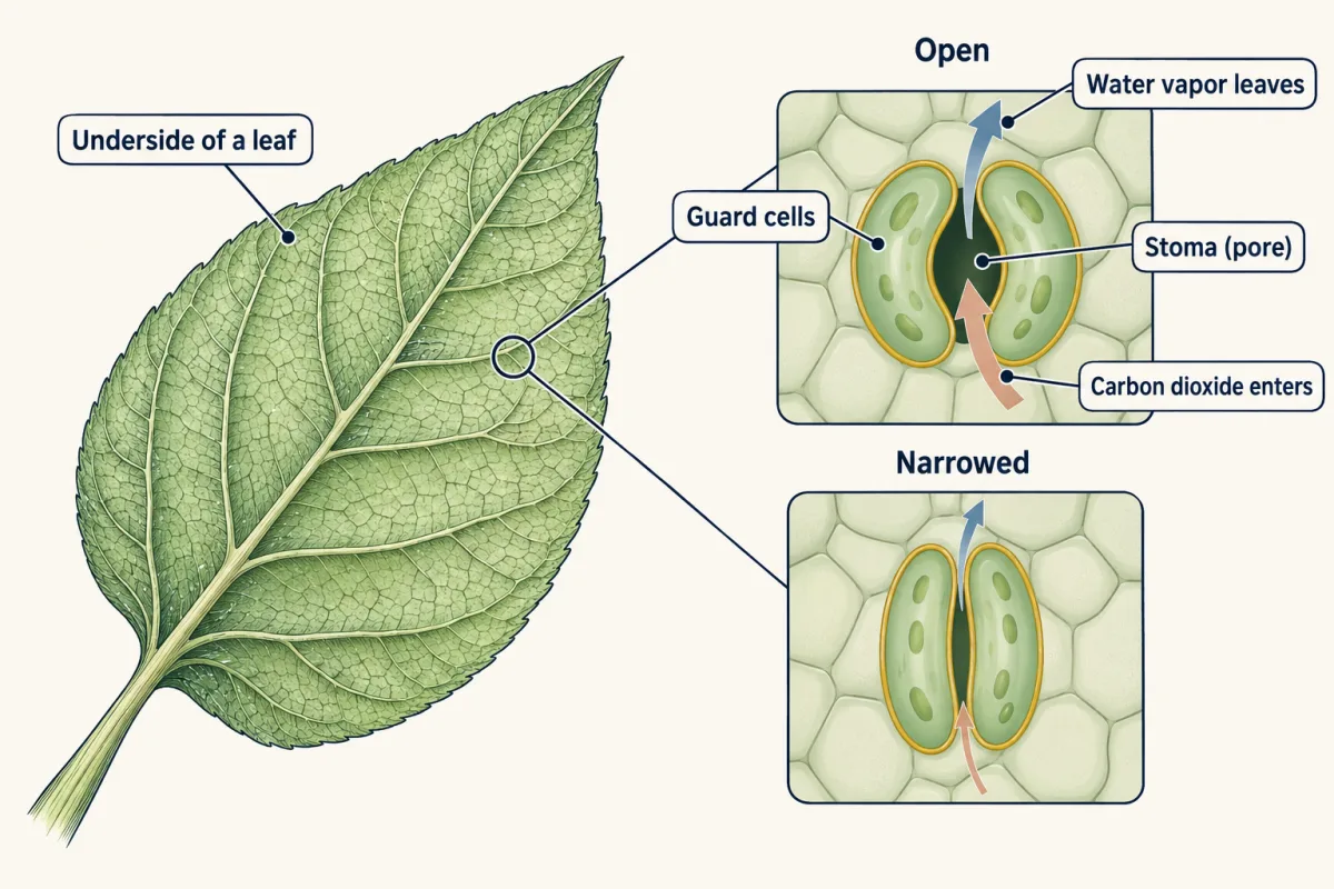 AI-generated illustration: a leaf turned to show its underside, with two zoomed views of one pore between two curved guard cells: open, with arrows for water vapor leaving and carbon dioxide entering, and narrowed, with thinner arrows.