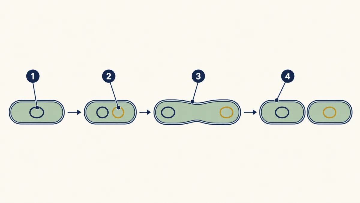 AI-generated illustration: four frames of a rod-shaped bacterium with no nucleus: one loop of DNA, then two loops, then a longer cell with one loop at each end, then two separate matching cells each with one loop. Four numbered circles mark parts and steps for the student to name.