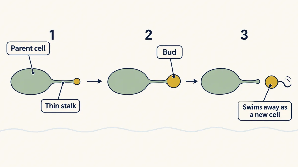 AI-generated illustration: three frames of an oval bacterium with a thin stalk, a small bud growing at the stalk's tip, getting larger, then breaking off and swimming away while the parent stays.