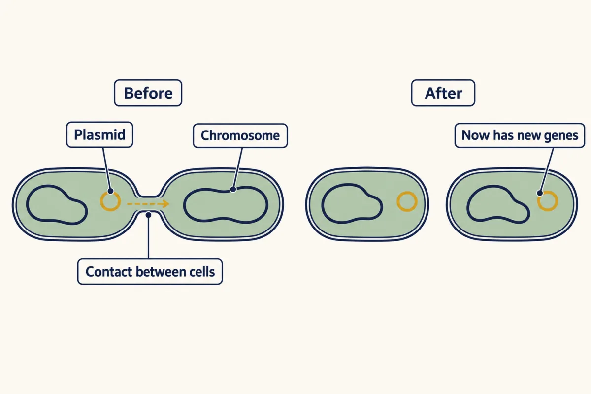 AI-generated illustration: two rod-shaped bacteria touching, one passing a small ring of DNA called a plasmid to the other along a short bridge, and afterwards the same two cells apart, both holding the small ring.
