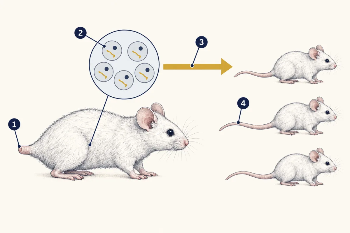 AI-generated illustration: an adult white mouse with a short, healed tail stump on the left, a circle zoom of small round sex cells from its body, a gold arrow leading right, and three young white mice with full-length tails. Four numbered pointers mark the tail stump, the sex cells, the arrow and a young mouse's tail.