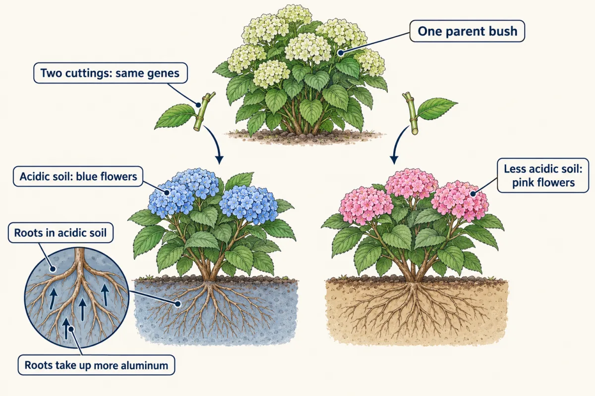 AI-generated illustration: a hydrangea bush gives two cuttings. One, planted in acidic soil, blooms blue; the other, planted in less acidic soil, blooms pink. A circle zoom shows roots in the acidic soil taking up more aluminum.
