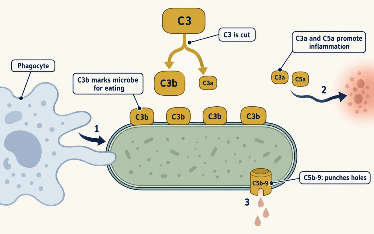 AI-generated illustration: one rod-shaped bacterium surrounded by complement pieces drawn as labelled blocks. Large C3b blocks coat its surface and a phagocyte reaches toward them; small C3a and C5a blocks drift away toward an inflamed patch; one C5b-9 barrel block sits in the bacterial membrane and leaks contents.