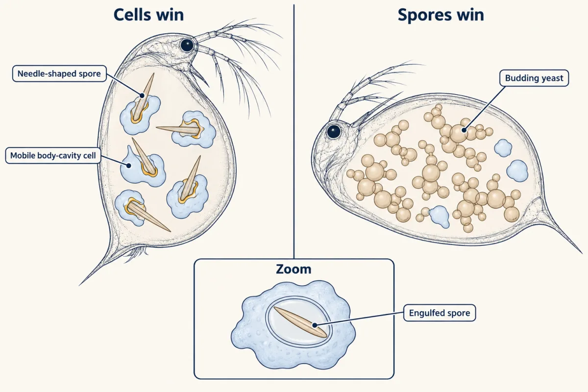 AI-generated illustration: two side-by-side water fleas, Daphnia. On the left, mobile body-cavity cells surround and engulf needle-shaped yeast spores and the flea is intact. On the right, spores have grown into budding yeast filling the body cavity and the flea lies still. An inset shows one cell enclosing a spore in a membrane bubble.