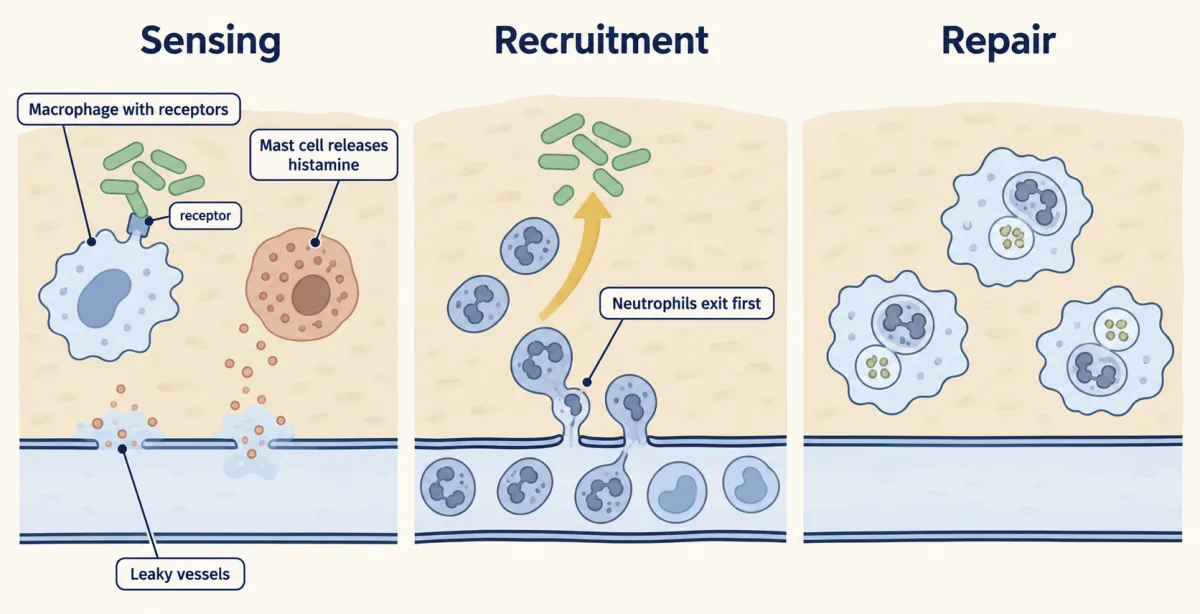 AI-generated illustration: a three-panel strip of a small blood vessel beneath infected tissue. Panel one shows a macrophage sensing bacteria and a mast cell releasing mediators near leaky vessel gaps. Panel two shows neutrophils squeezing out of the vessel toward the bacteria with monocytes following. Panel three shows macrophages clearing debris in repaired tissue.