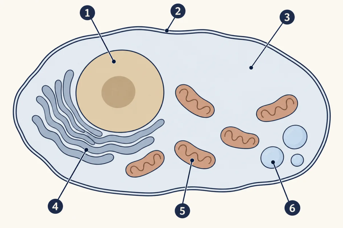 AI-generated illustration: one large, soft-edged animal cell, opened up to show its inside. A round nucleus sits left of centre with folded ribbons curving beside it, bean-shaped parts and small round sacs are spread through the lower right, and pale fluid fills the rest. A double outline surrounds the cell. Six numbered circles mark parts for the student to name.