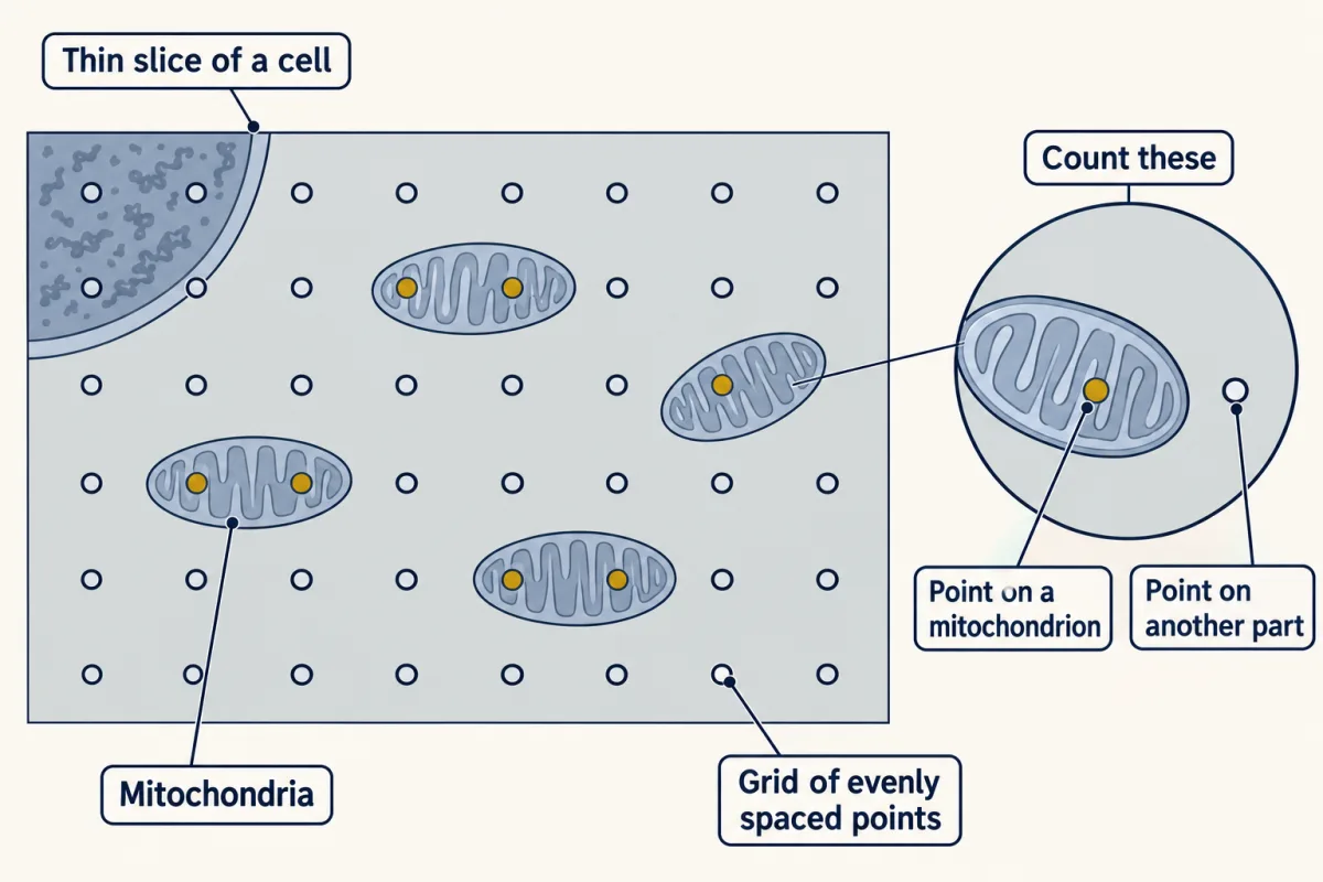 AI-generated illustration: a grey picture of a thin slice of a cell with oval mitochondria, covered by an even grid of dots. Dots that land on mitochondria are filled gold and the rest are hollow. A zoom shows one mitochondrion with gold dots on it and a hollow dot beside it.