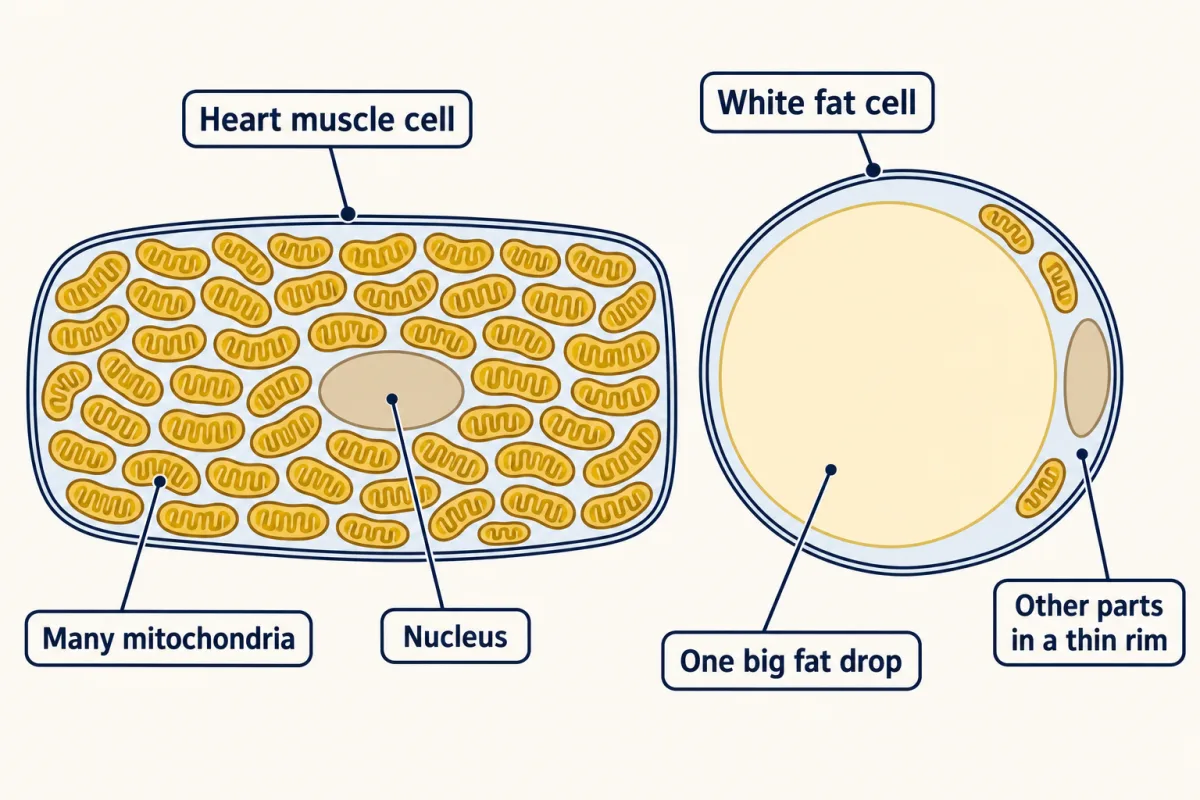 AI-generated illustration: a long heart muscle cell crowded with rows of gold bean-shaped mitochondria around one nucleus, beside a round white fat cell almost filled by one big pale fat drop, with a flattened nucleus and a few mitochondria squeezed into a thin rim.