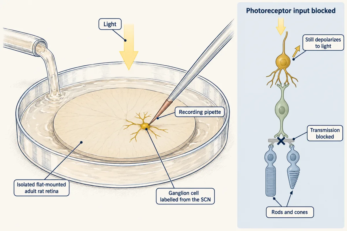 AI-generated illustration: a small flat disc of rat retina in a dish with a recording pipette touching one gold ganglion cell, light falling from above and a bath carrying blocking drugs. An inset strip shows a ganglion cell, a bipolar cell and rods and cones, with the link from rods and cones to the bipolar cell crossed out while the ganglion cell still responds.
