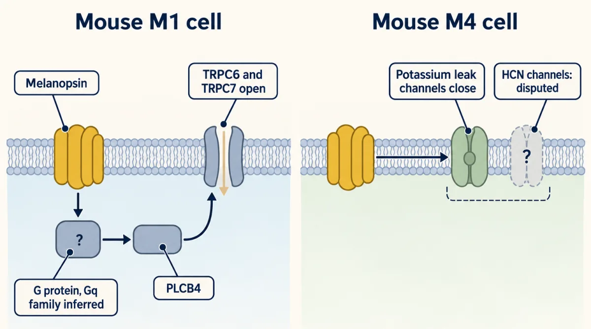 AI-generated illustration: two schematic cell membranes. In the mouse M1 cell, melanopsin leads through a G protein and PLCB4 to open TRPC6 and TRPC7 channels. In the mouse M4 cell, melanopsin is linked to closing of potassium leak channels, with a faded dashed HCN channel marked as disputed.