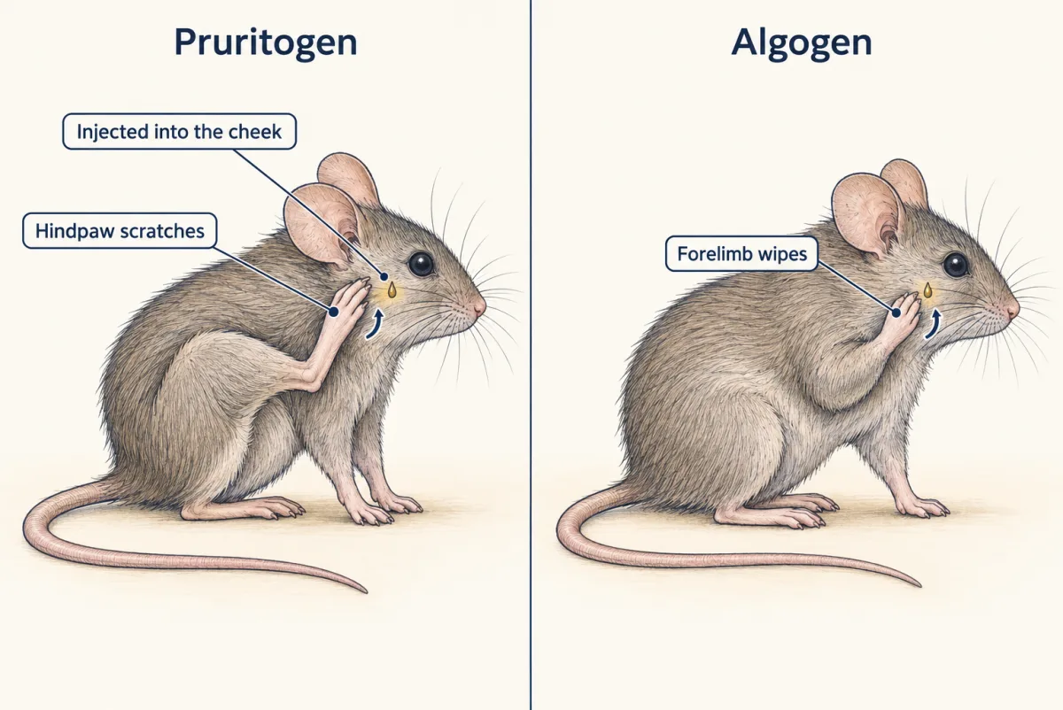 AI-generated illustration: two side-by-side drawings of a mouse. In the left panel, labelled pruritogen, the mouse scratches its cheek with a hind paw. In the right panel, labelled algogen, the mouse wipes its cheek with a front paw. A gold mark shows the injection site on the cheek in both.