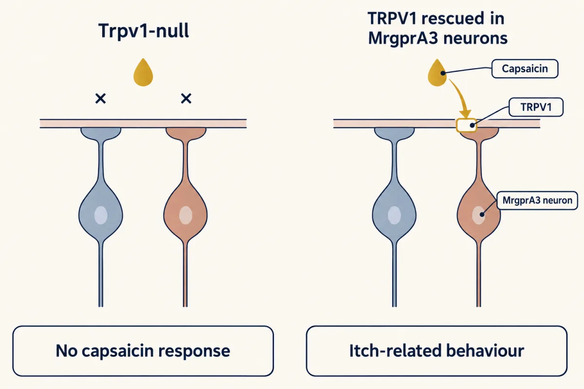 AI-generated illustration: two schematic panels. In a Trpv1-null panel, two sensory neuron endings under a skin line do not respond to a capsaicin drop. In a rescue panel, only the MrgprA3 neuron carries a TRPV1 block and receives capsaicin, and a small mouse icon scratches its cheek.