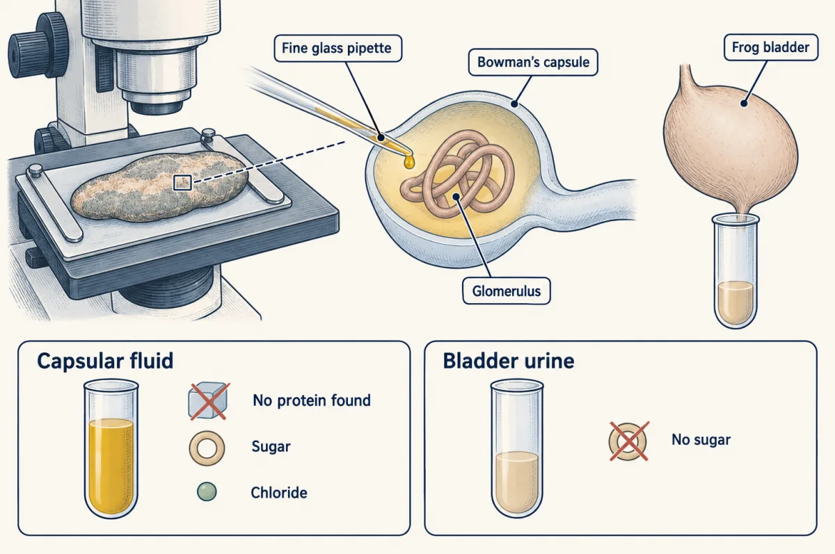 AI-generated illustration: a frog kidney under a microscope with a fine glass pipette entering the cup of Bowman's capsule to draw off a drop of fluid. Two small insets compare the capsular fluid, which has sugar and chloride but no protein found, with the frog's bladder urine, which has no sugar.