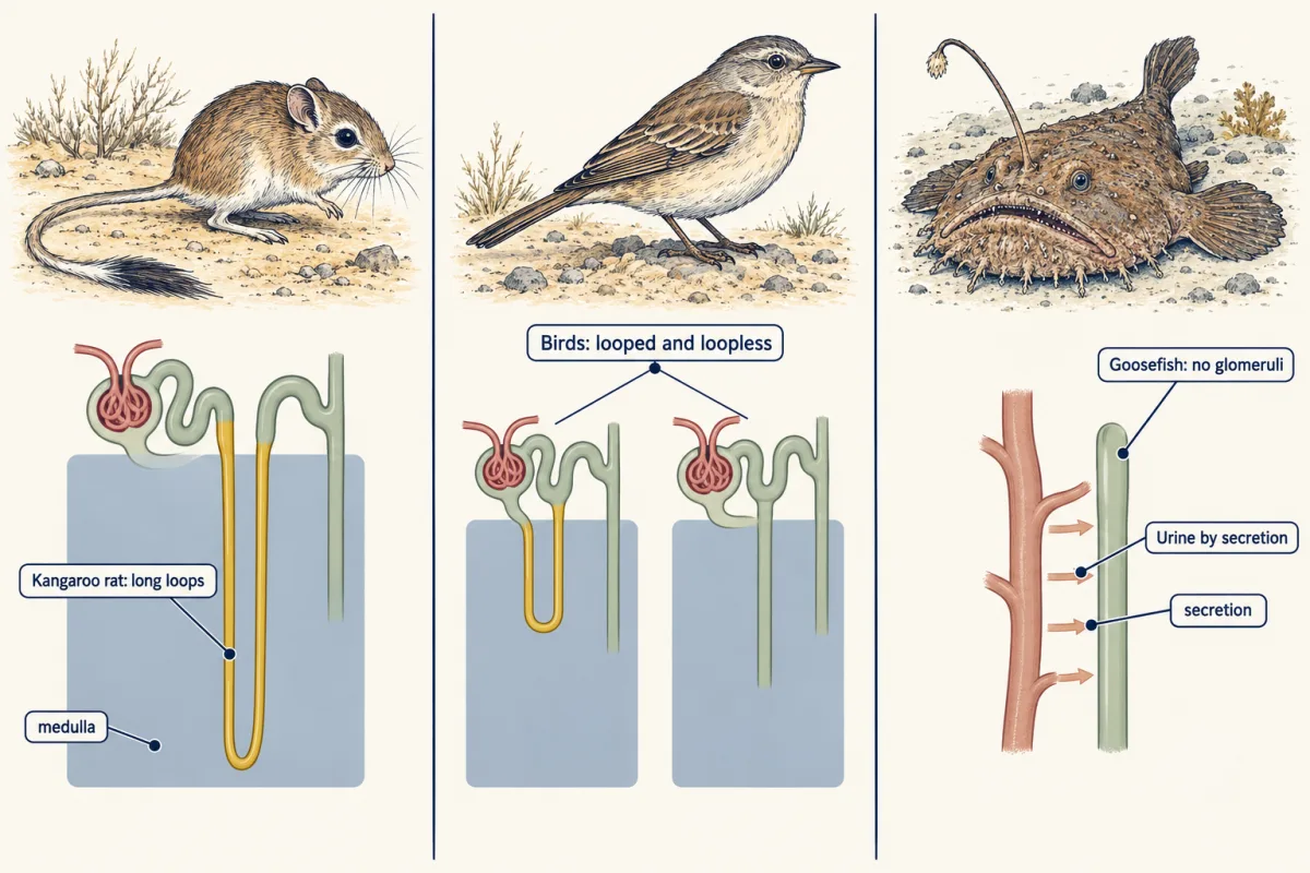 AI-generated illustration: three columns comparing kidneys. A kangaroo rat has a nephron with a long loop of Henle; a bird has one nephron with a short loop and one with none; a goosefish has a tube-only nephron with no glomerulus where ions move into the tube.