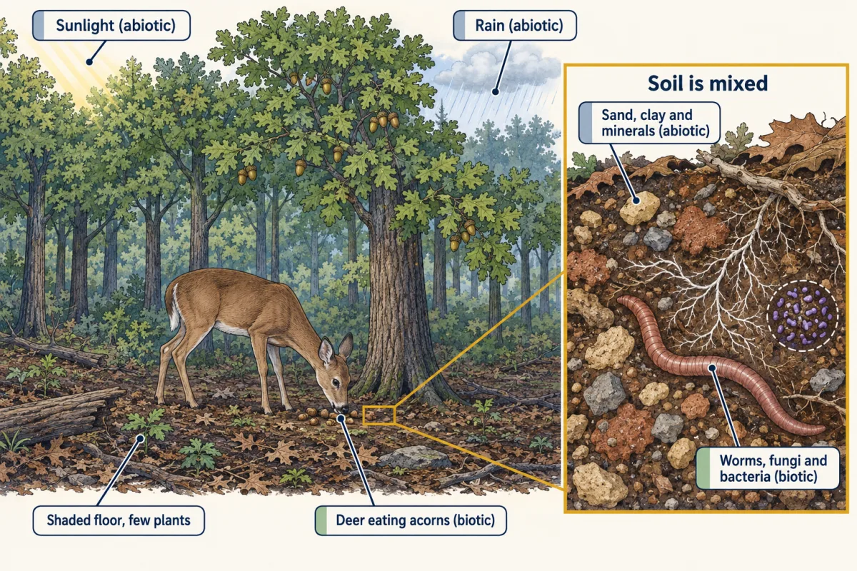 AI-generated illustration: a shaded oak forest with sun rays blocked by the canopy, rain falling and a deer eating acorns, with labels marking each as living or nonliving, and a soil zoom showing sand, clay and minerals beside an earthworm, fungal threads and bacteria.