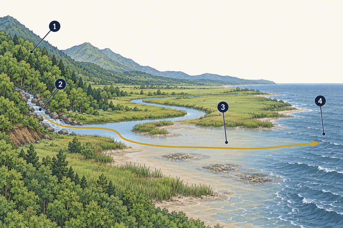 AI-generated illustration: a landscape from left to right showing a forested hillside, a rocky mountain stream running through it, a wide shallow bay with marsh grass where the river meets the sea, and open ocean with waves, marked with four numbered circles.
