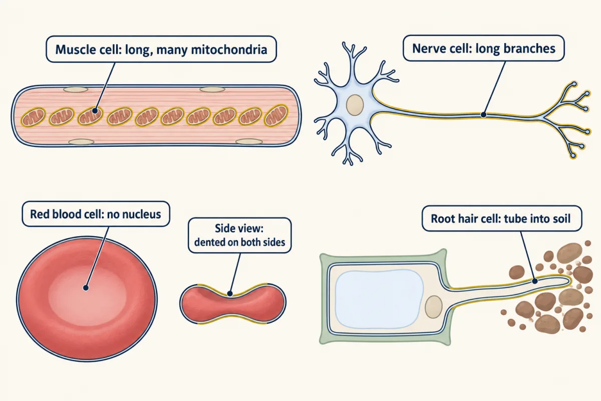 AI-generated illustration: four cells in a grid. A long, thin muscle cell packed with mitochondria; a nerve cell with a very long branch; a red blood cell seen as a disc with no nucleus, with a side view showing it dented on both sides; and a plant root hair cell with a long thin tube reaching between soil grains.