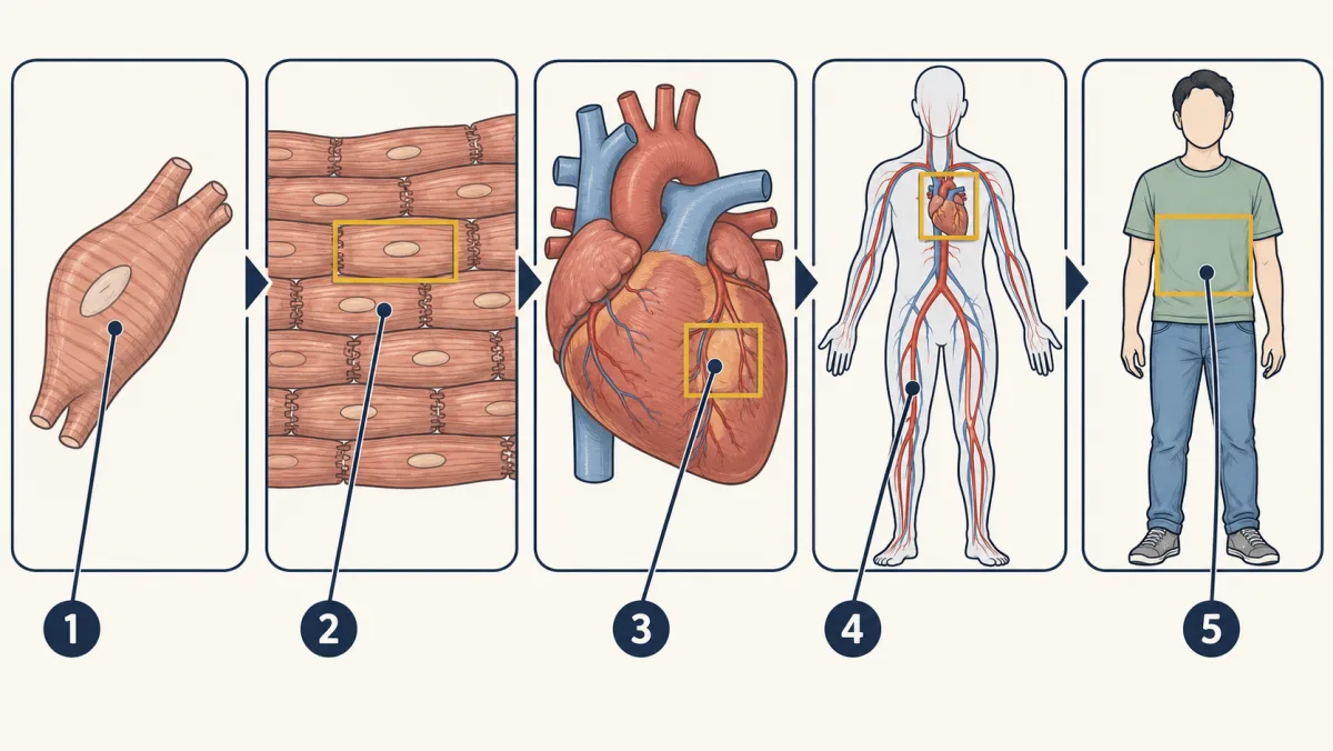 AI-generated illustration: a row of five frames growing from small to large. A single striped heart muscle cell; many of those cells joined in a sheet; a whole heart; a body outline with the heart and branching blood vessels; and a whole person. Each frame carries a number from 1 to 5.