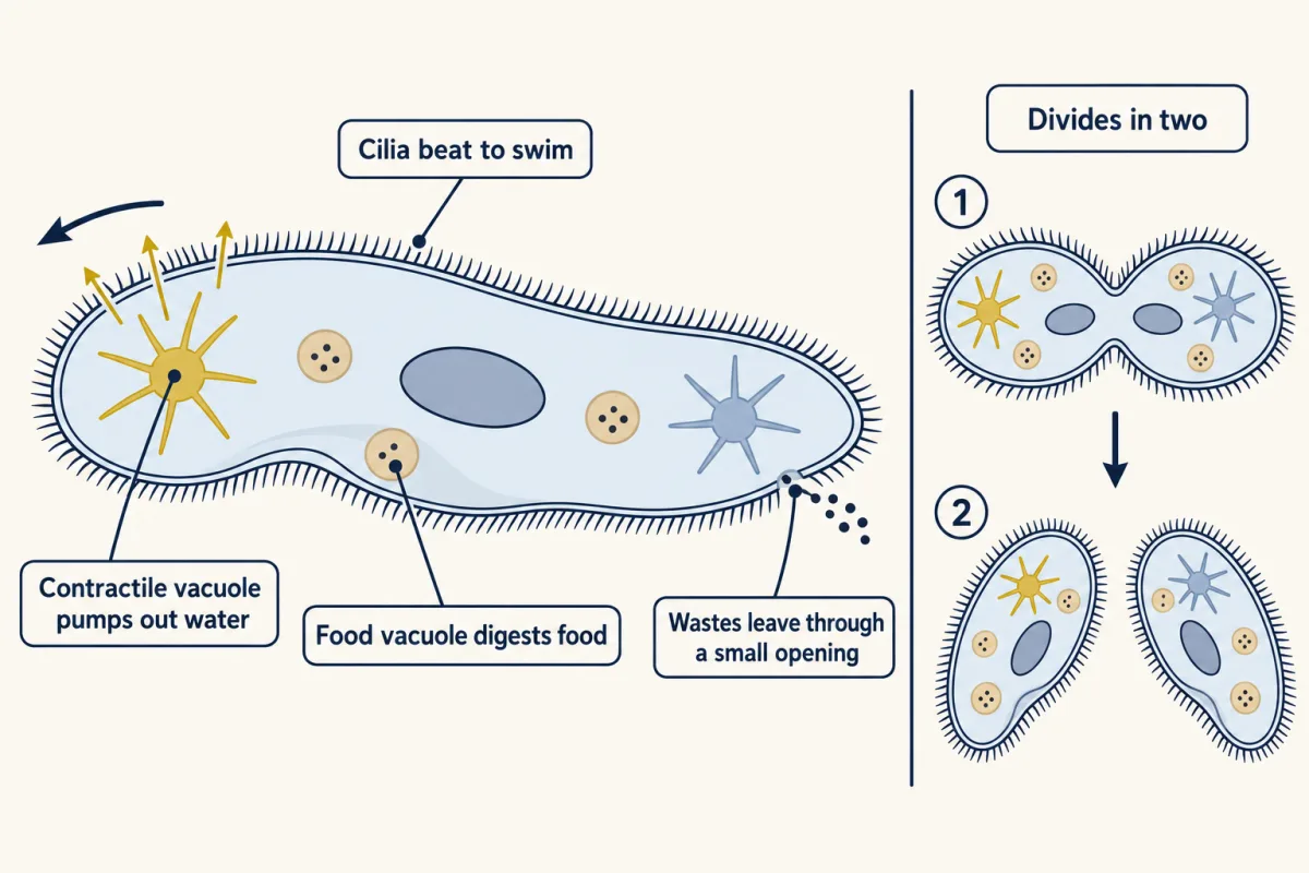AI-generated illustration: a slipper-shaped Paramecium covered in short cilia. Small food vacuoles holding bacteria sit near a groove on one side, a star-shaped contractile vacuole squeezes water out, and bits of waste leave through a small opening at the rear. A small inset shows the cell pinching in the middle and becoming two.