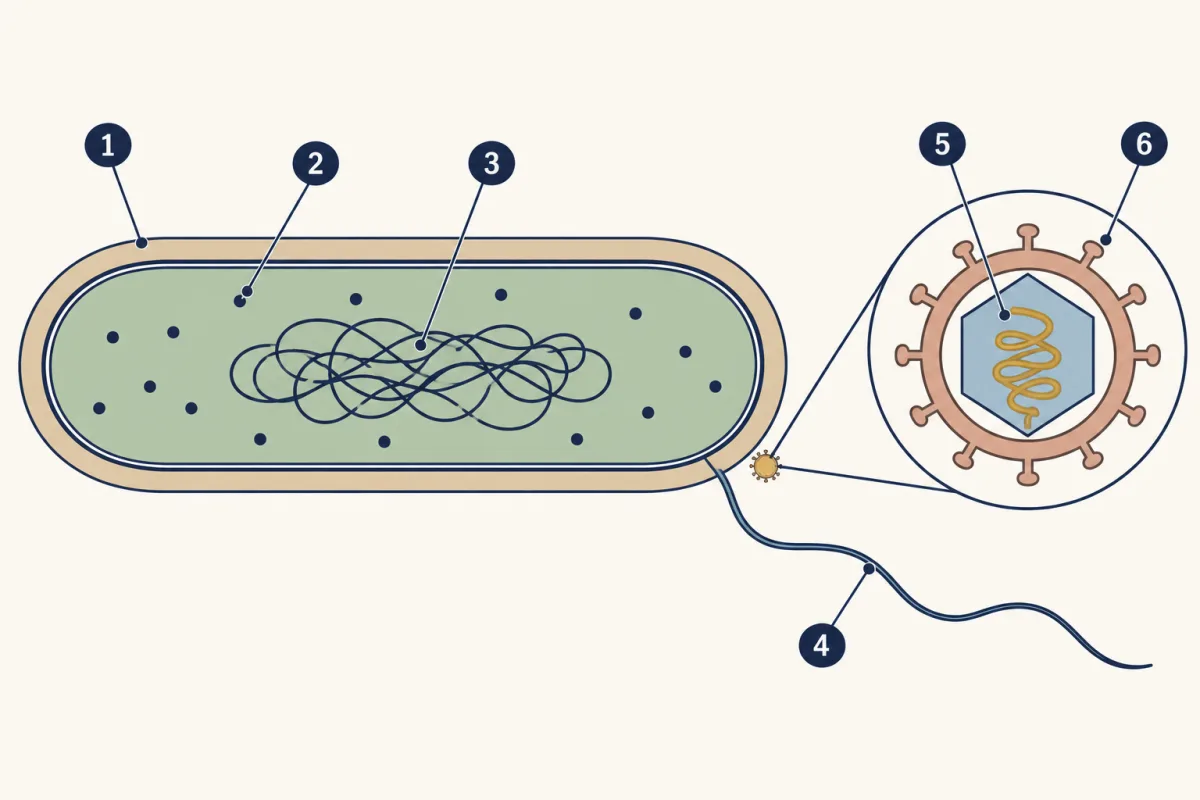 AI-generated illustration: a rod-shaped bacterium with a two-layer edge, cytoplasm dotted with ribosomes, a loop of DNA with no membrane around it and a long tail, beside a tiny virus one twentieth its length, shown magnified in an inset as genetic material inside a protein coat wrapped in a spiked outer layer. Six numbered circles mark parts for the student to name.