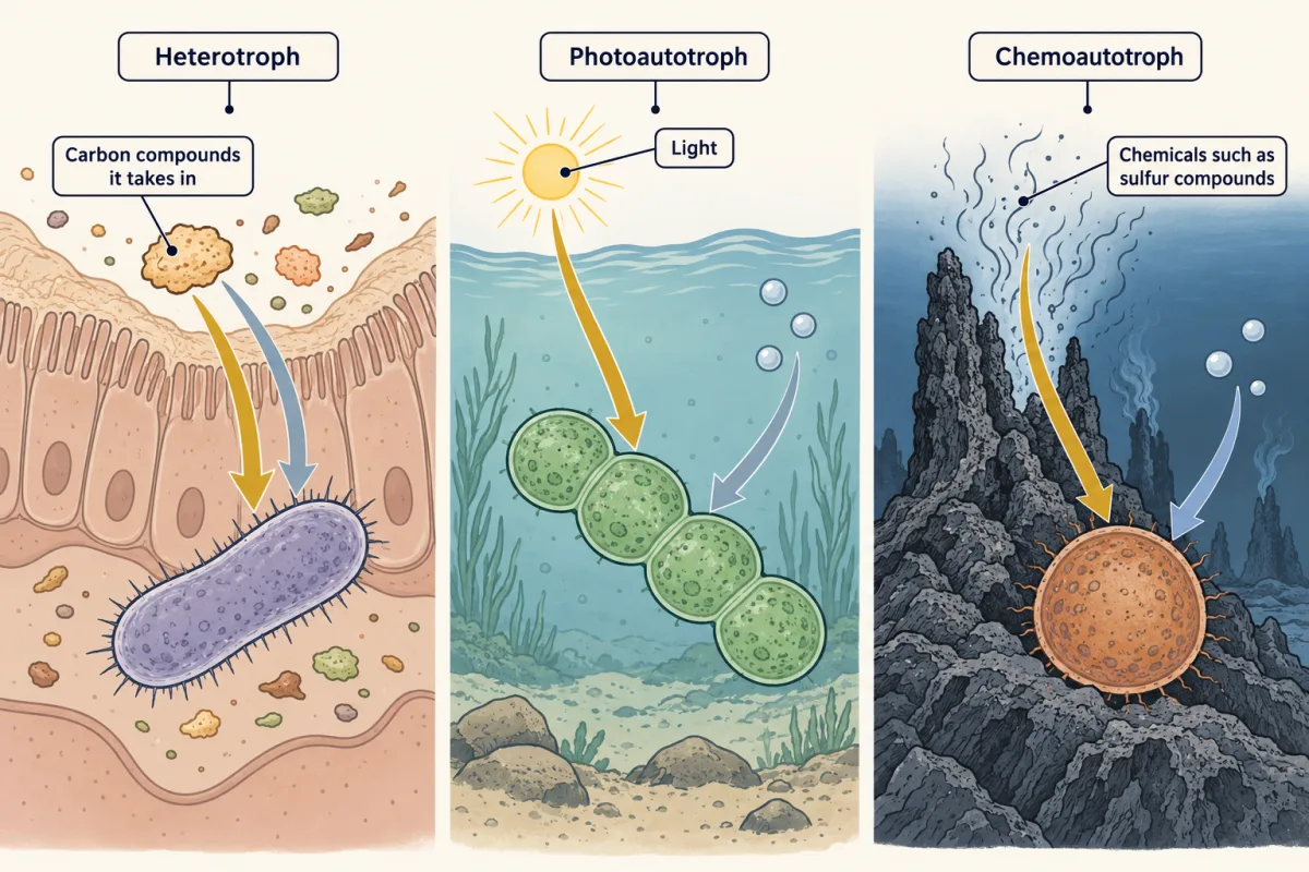 AI-generated illustration: three panels showing a rod-shaped bacterium in the gut taking energy and carbon from the same food, green cyanobacteria in a sunlit pond taking energy from light and carbon from carbon dioxide, and a bacterium at a deep-sea vent taking energy from chemicals in the vent water and carbon from carbon dioxide.