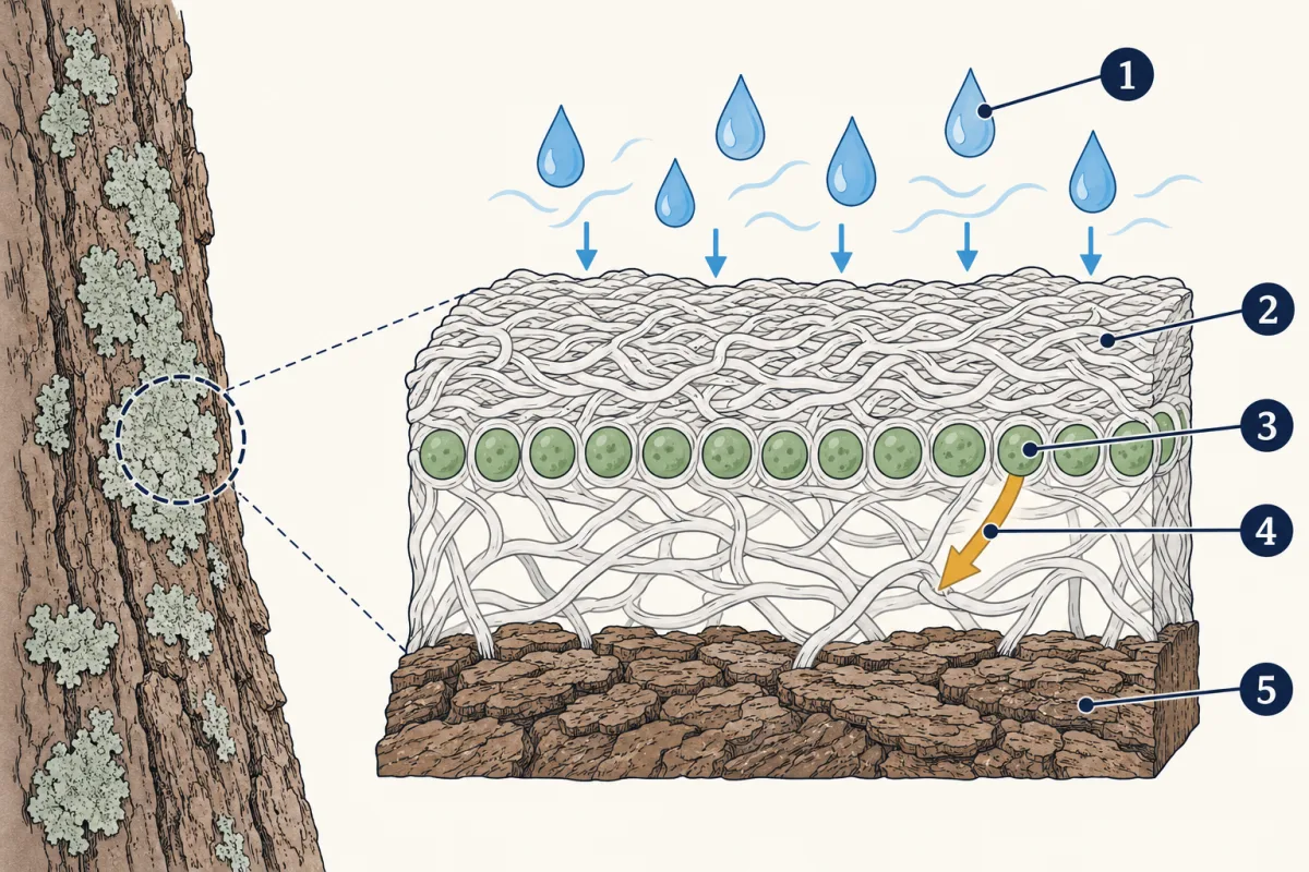 AI-generated illustration: a crusty lichen on a tree trunk, with a zoomed cut-open slab of it on bark. Rain and moist air fall on top; pale fungus threads form the outside and wrap around a layer of small green cells; a small arrow runs from a green cell to a thread; bark lies underneath. Five numbered circles mark parts for the student to name.