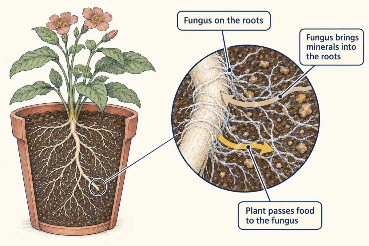 AI-generated illustration: a potted plant with its roots shown, and a zoomed root tip wrapped in fine fungus threads. One arrow carries minerals from the soil along the threads into the root; another carries food from the root out to the fungus.