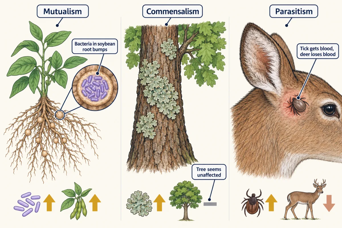 AI-generated illustration: three panels. Soybean roots with small bumps, one zoomed to show bacteria inside, both partners marked as benefiting; lichen patches on the bark of a healthy tree, the lichen benefiting and the tree unaffected; a blacklegged tick attached to a deer's skin, the tick benefiting and the deer harmed.