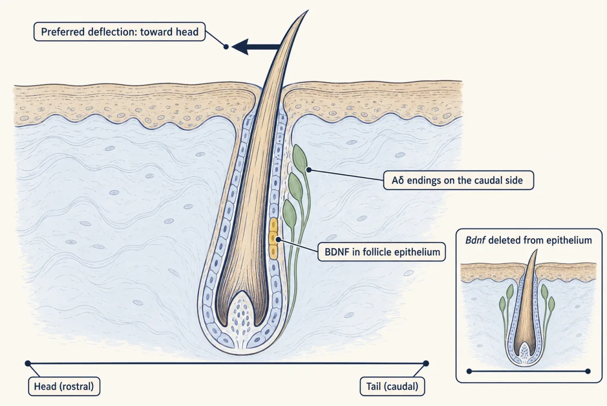 AI-generated illustration: a hair follicle in skin seen from the side, with the head direction on the left and the tail on the right. Green Aδ endings and a BDNF patch sit on the tail side, and a broad arrow points toward the head. A small inset shows the endings spread evenly when Bdnf is deleted from the epithelium.