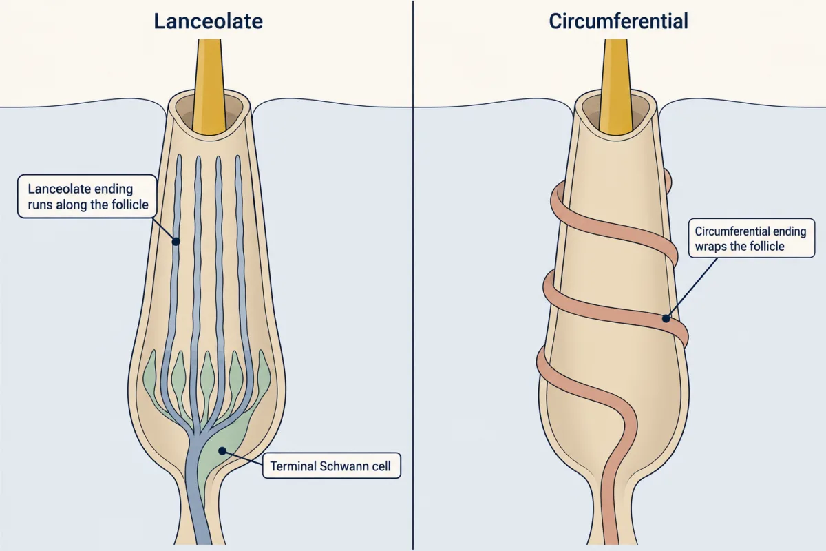 AI-generated illustration: two close-ups of a hair follicle. On the left, slate axon branches run lengthwise along the follicle like pickets with sage Schwann cell processes between them; on the right, a single clay axon branch winds around the follicle.