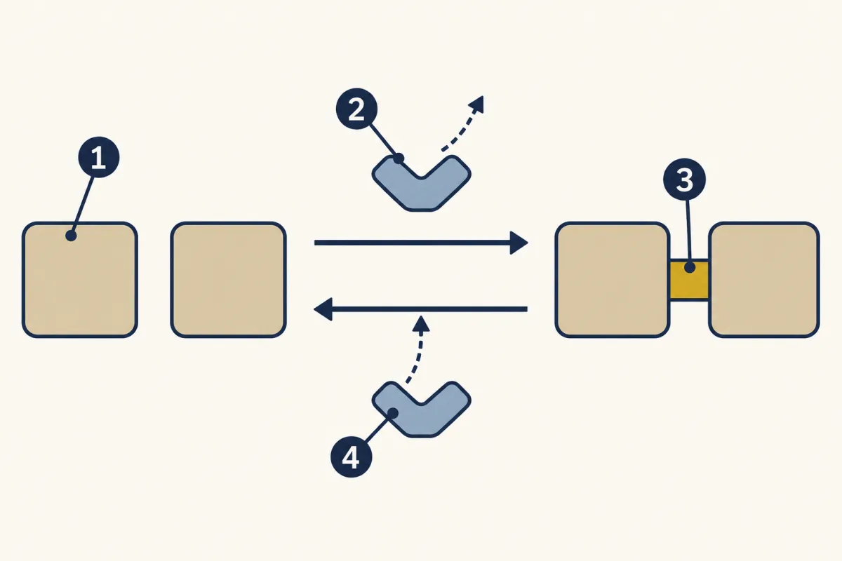 AI-generated illustration: two separate blocks on the left and two blocks joined by a short bar on the right, with an arrow each way between them; a small bent block leaves above the top arrow and another arrives below the bottom arrow. Four numbered circles mark parts to name.