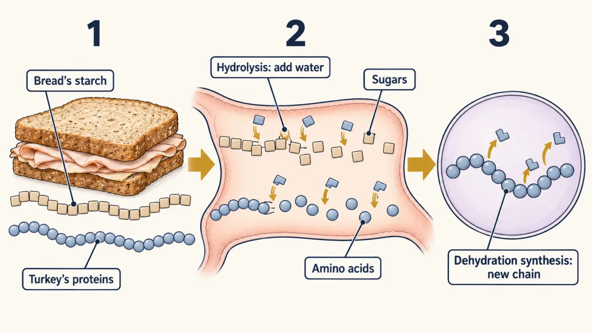 AI-generated illustration: a turkey sandwich on whole-wheat bread beside a starch chain and a protein chain; the chains are cut into single beads in the gut, and the cell then joins the amino-acid beads into a new chain.