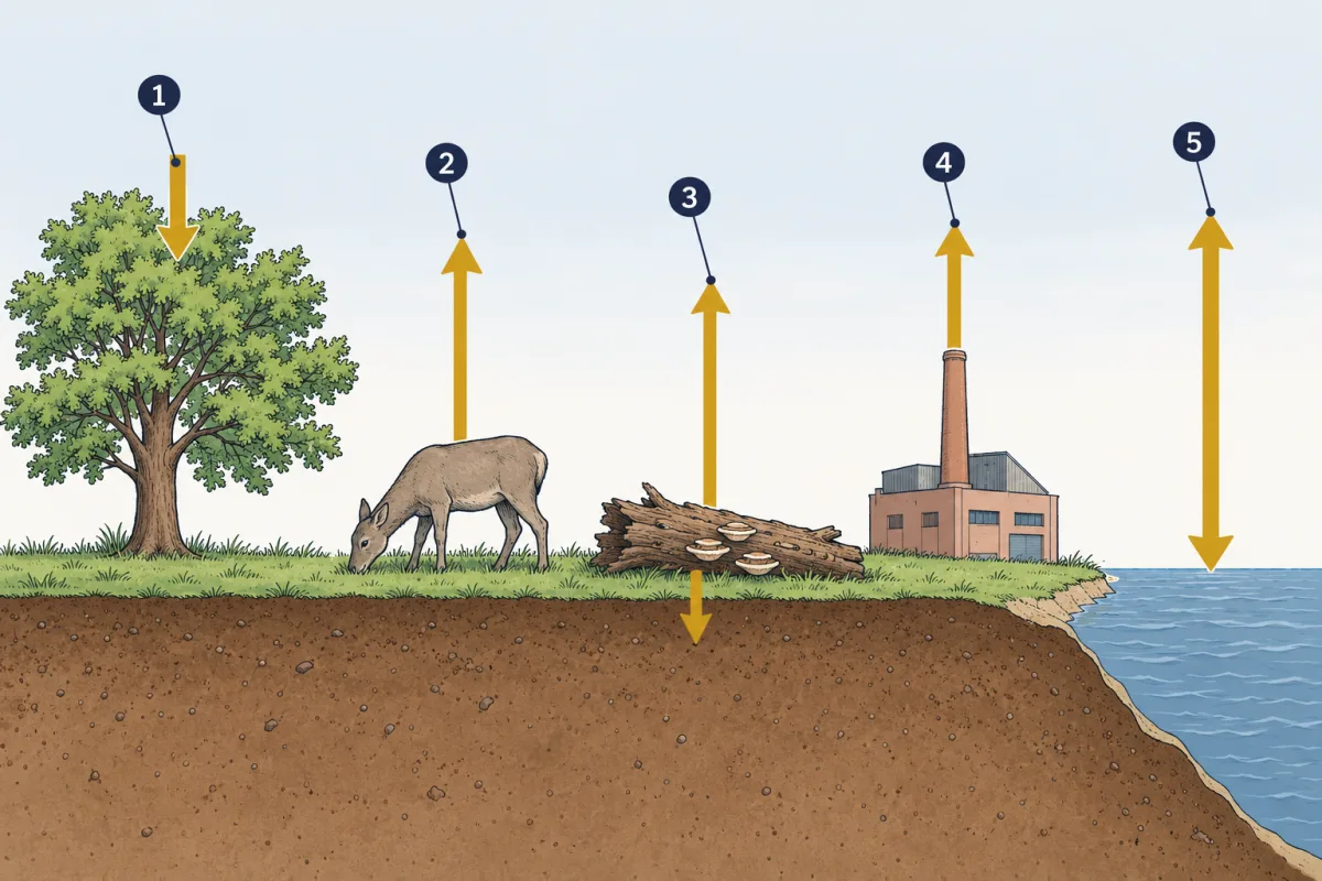 AI-generated illustration: a landscape from a tree at the left to the sea at the right. Gold arrows show carbon moving: down from the air into the tree, up from a grazing animal, up from a rotting log and down into the soil, up from a factory smokestack, and both ways between the air and the sea. Five numbered circles mark the arrows.