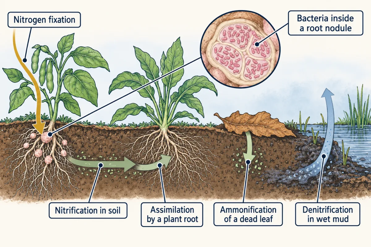 AI-generated illustration: a cut-away of a field. A gold arrow runs from the air into nodules on bean roots, arrows run through the soil to the roots of a second plant, from a dead leaf into the soil, and from wet mud back up to the air. A zoomed inset shows a root nodule packed with rod-shaped bacteria.
