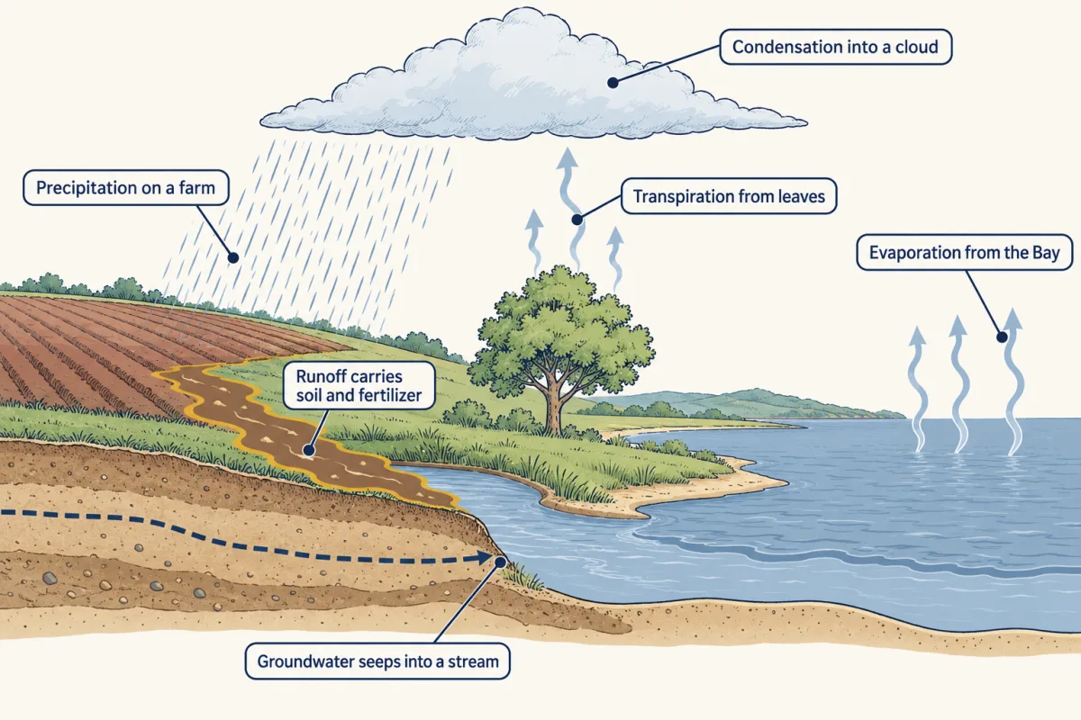 AI-generated illustration: water rises from the Bay and from a tree's leaves into a cloud, rain falls on a farm field, muddy runoff carries soil off the field into a river, and groundwater seeps underground into a stream.