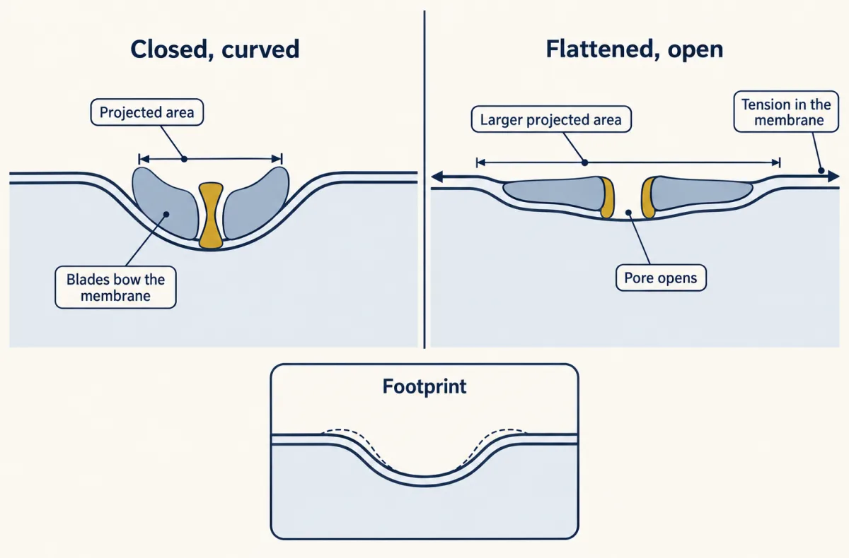 AI-generated illustration: two side-on membrane cross-sections of the same channel. On the left, the membrane bows into a curved dome with a closed central pore and a short bracket marking its projected area. On the right, the dome is flattened, the pore is open, and a longer bracket marks the larger projected area; outward arrows show tension. A small inset shows the membrane skirt around a dome.