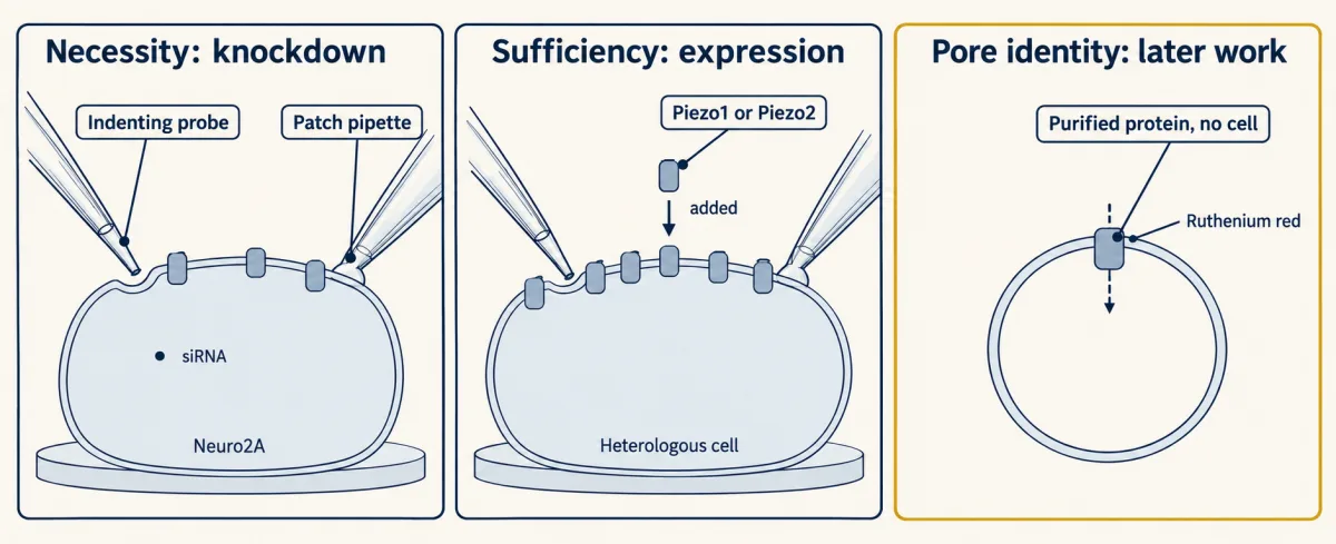 AI-generated illustration: three panels. Necessity: a cultured cell with an indenting probe and recording pipette, with fewer channels after knockdown. Sufficiency: a different cultured cell with channel blocks being added. Pore identity: a gold-framed liposome carrying one purified channel, no cell, marked as later work.