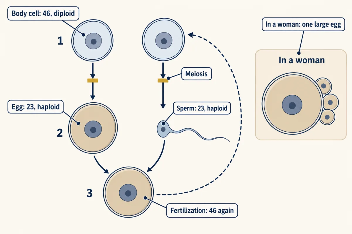 AI-generated illustration: a loop in which a mother's body cell and a father's body cell each go through meiosis to make an egg and a sperm, which join at fertilization into one fertilized egg. An inset shows one large egg beside three small polar bodies.