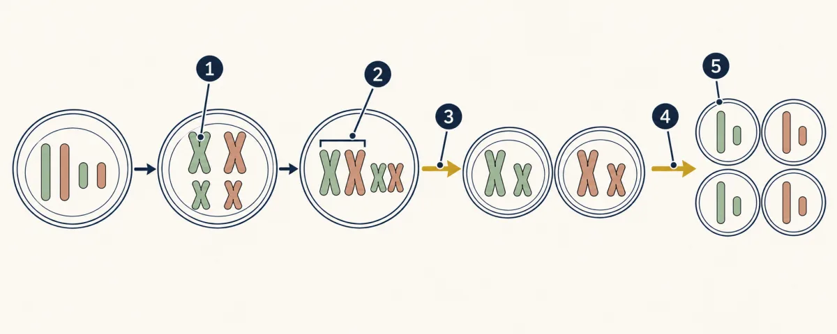 AI-generated illustration: five frames. One cell with two pairs of chromosomes, green from the mother and red-brown from the father, copies each chromosome into an X shape, lines the pairs up, divides into two cells that each hold one of each pair, and divides again into four cells that each hold one single chromosome of each pair. Five numbered circles mark the parts.